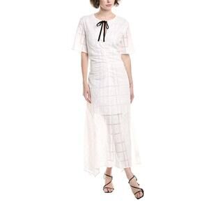Ganni Women's Broderie Anglaise Cotton Midi-Dress Eyelet Velvet Tie Size 8